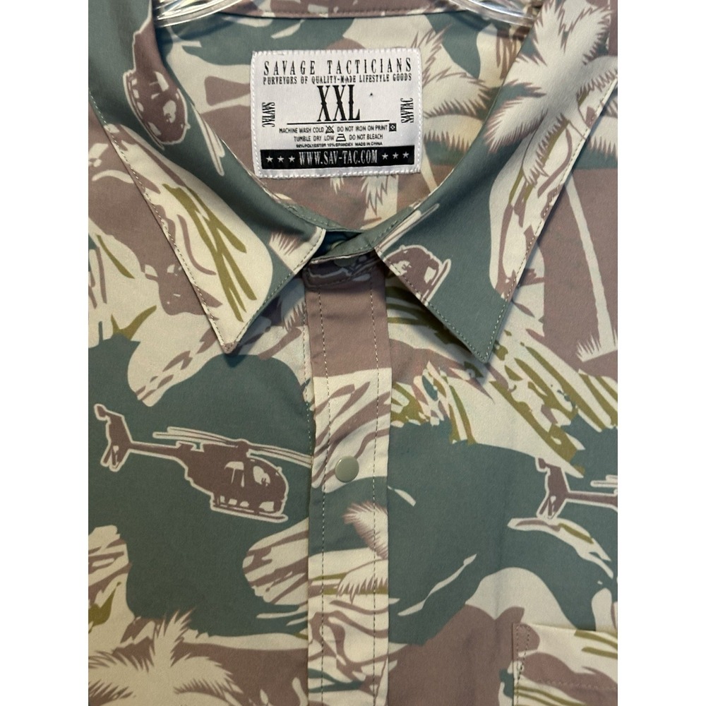 SAVAGE TACHTICIANS Shirt Mens XXL Camo Hawaiian Tiger Stripe Vietnam Helicopter